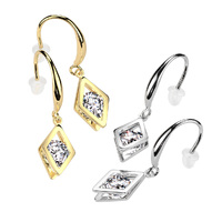 Pair Hollow Diamond Dangle With Round Clear Gem Hook Earrings