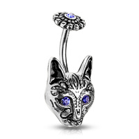 Tribal Cat with Blue Crystal Eyes and Blue Crystal Center Flower Top Navel