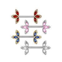 Nipple Barbells With Crystal 3 Petal Flower Ends 