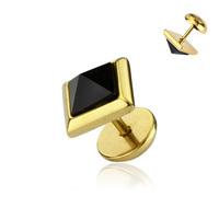 Onyx Pyramid Square Fake Plug With Clear Gem IP Gold Plated