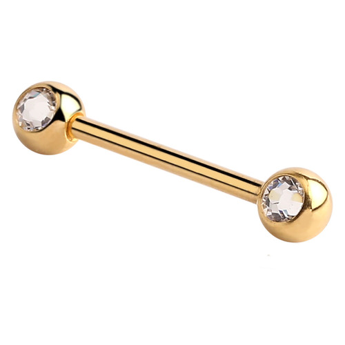 Bright Gold Double Jewelled Nipple Barbell : 1.6mm (14ga) x 12mm x Clear Crystal