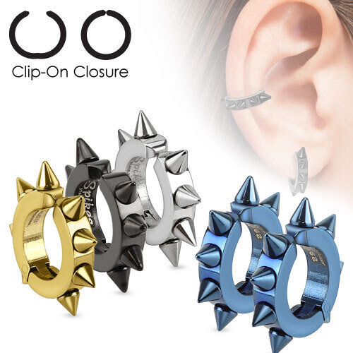 Pair of Oval Hoop IP Non Piercing Ear Cuff Clip On Earrings with Spikes