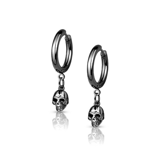 Pair of Skull Dangle 316L Stainless Steel Hoop Earrings - Black