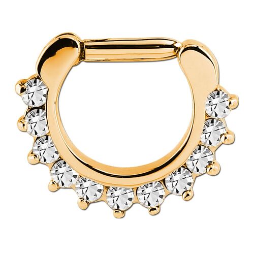 Bright Gold Prong Set Jewelled Septum Clicker : 1.6mm (14ga) x 6mm x Clear Crystal