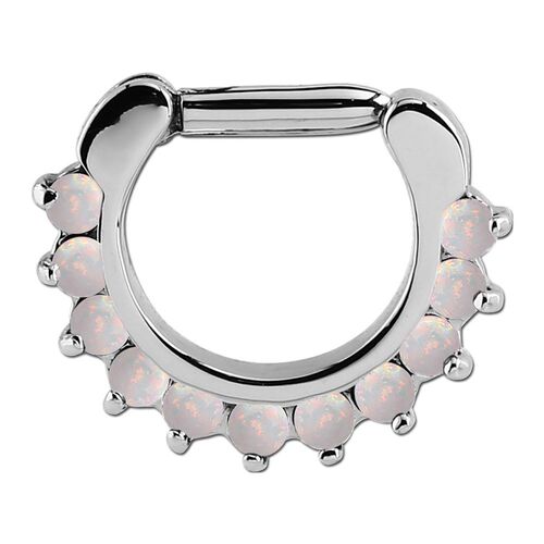 Synthetic Opal Septum Prong Set Jewelled Clicker : 1.6mm (14ga) x 8mm x White