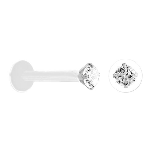 Bioplast Labret with Sterling Silver Claw Set Push-In Top : 1.2mm (16ga) x 6mm x 2mm Jewelled Top