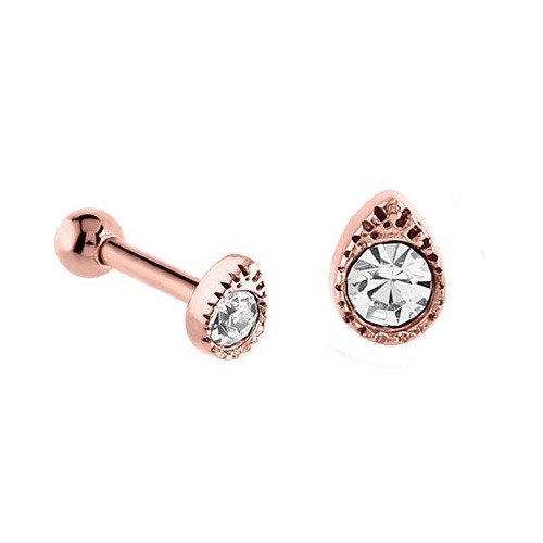 PVD Rose Gold Jewelled Tear Tragus Micro Barbell : 1.2mm (16ga) x 6mm