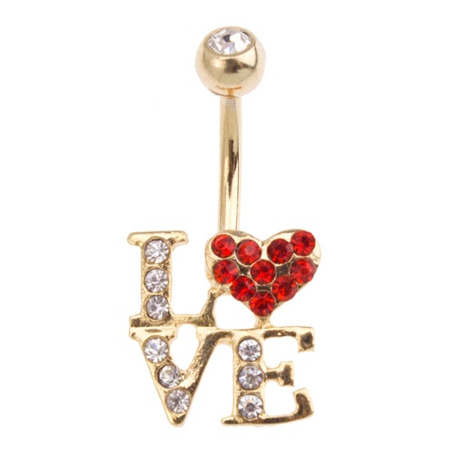 Gold Plated Jewelled Love Navel : 1.6mm (14ga) x 10mm