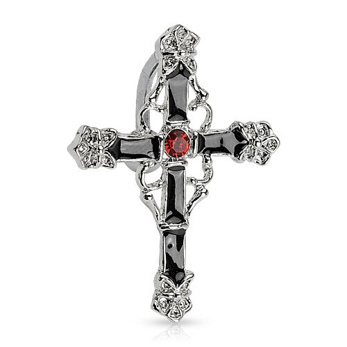 Top Drop Navel Ring With Black Enamel Cross With Red Gem Center