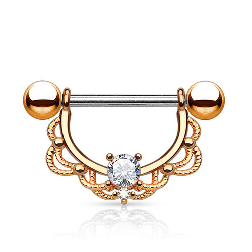 Prongset Jewelled Filigree Nipple Barbell : 1.6mm (14ga) x 16mm x Rose Gold