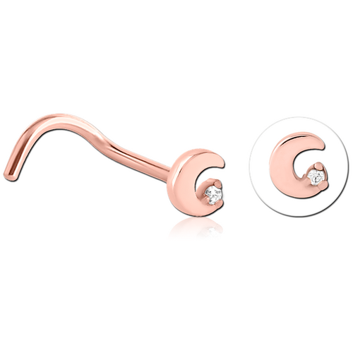 Rose Gold PVD Jewelled Moon Nose Stud : 0.8mm (20ga) x Pony Tail x Clear Crystal