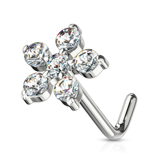 Jewelled Flower Dog Leg Nose Stud: CZ