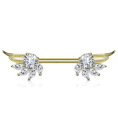 Prongset Jewelled Angel Wing Nipple Barbell : 1.6mm (14ga) x 14mm x Bright Gold