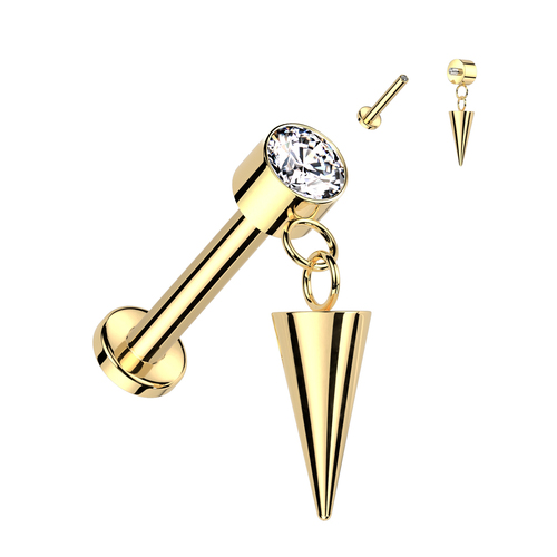 Titanium Internally Threaded Labret With Round Bezel Set Clear Gem and Cone Dangle Top - Gold