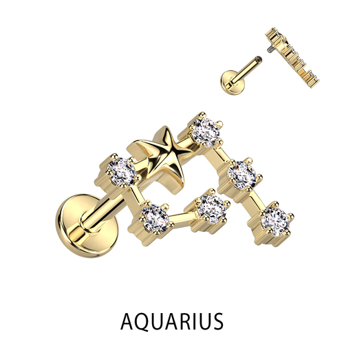 Zodiac Constellation Labret Stud Gold Plated With Clear Crystal - Aquarius