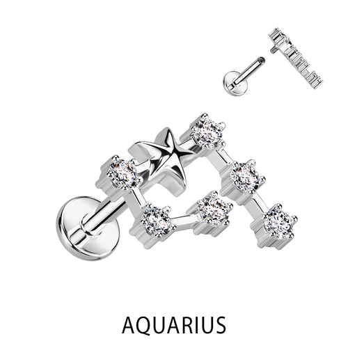 Zodiac Constellation Labret Stud Stainless Steel With Clear Crystal - Aquarius