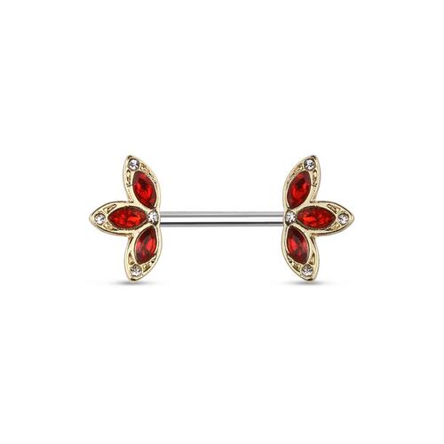 Brass plated crystal stone three petal flower design 316l surgical steel nipple bar