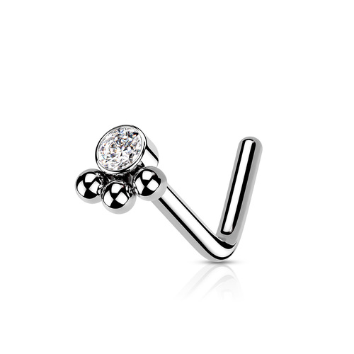 3 Beaded Ball Cluster with Clear Gem Center Surgical Steel Dog Leg Nose Stud - Steel