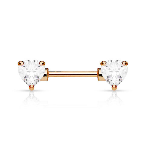 Rose Gold PVD Jewelled Heart Nipple Bar : 1.6mm (14ga) x 12mm Clear Crystal