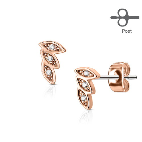 Pair of Surgical Stainless Steel Ear Studs - 3 Leaves - Rose Gold Plated