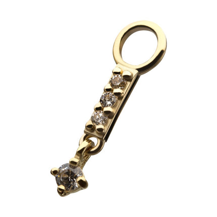 Invictus 14Kt Yellow Gold Clear CZ Bar with Dangle Prong Set Round Clear CZ Charm