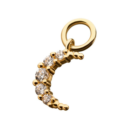 Invictus 14Kt Yellow Gold Crescent Moon with  Prong Set 5 Clear CZ Dangle Charm