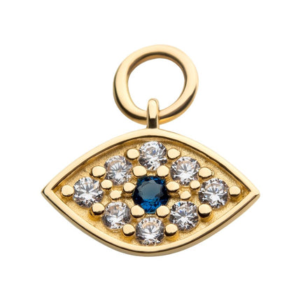 Invictus 14Kt Yellow Gold Evil Eye with Round Centerpiece Sapphire CZ and 8 Clear CZ Dangle Charm