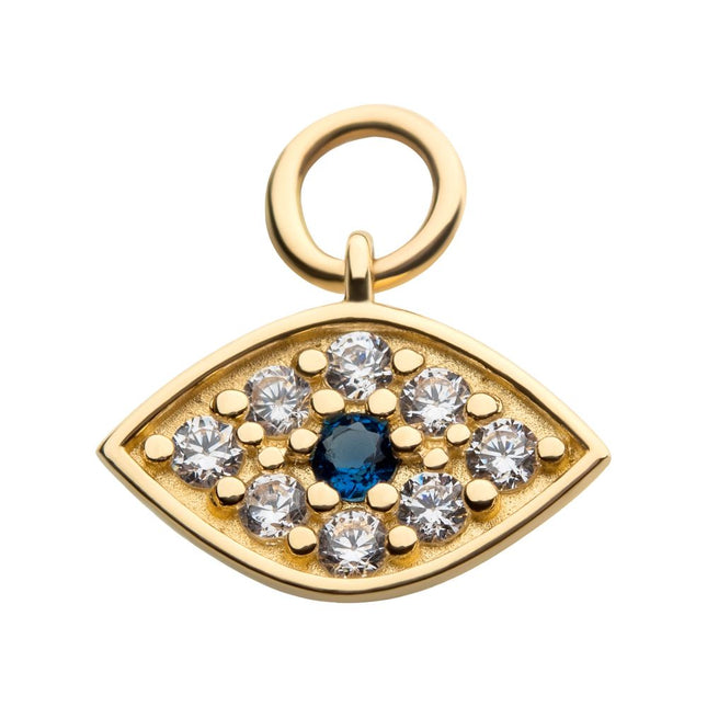 Invictus 14Kt Yellow Gold Evil Eye with Round Centerpiece Sapphire CZ and 8 Clear CZ Dangle Charm