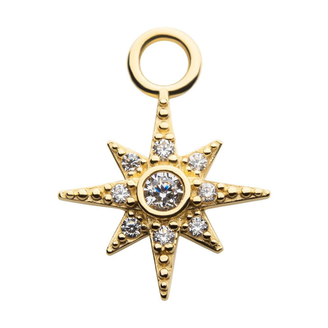 Invictus 14Kt Yellow Gold 8-Point Star with Round Clear CZ Charm