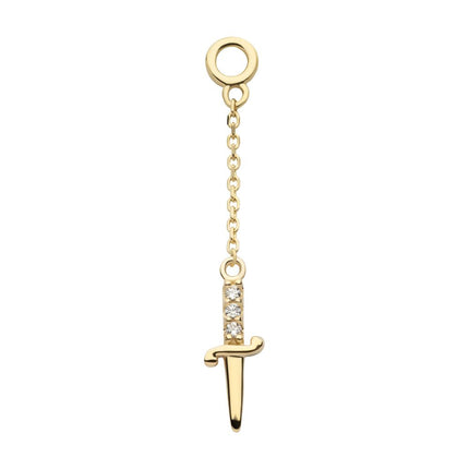 Invictus 14Kt Yellow Gold 3-Cluster Prong Set Round CZ Dagger Dangle Charm with 10mm Chain