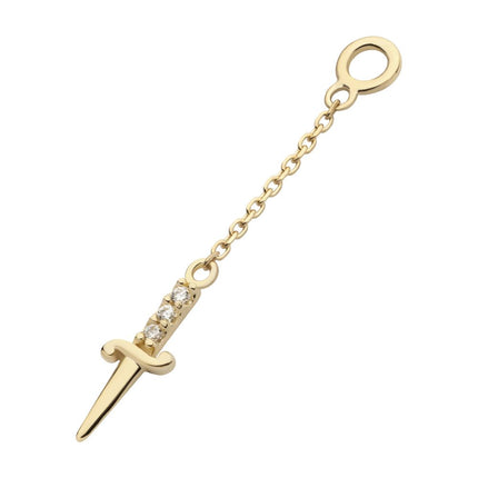 Invictus 14Kt Yellow Gold 3-Cluster Prong Set Round CZ Dagger Dangle Charm with 10mm Chain