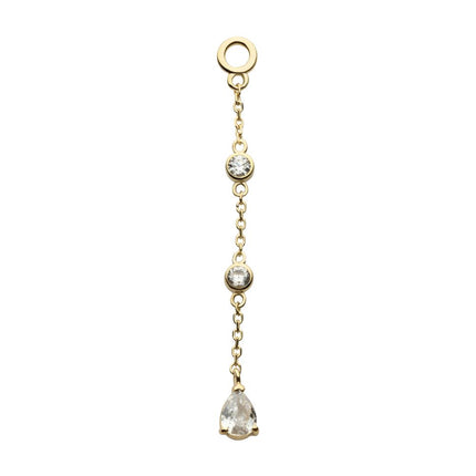 Invictus 14Kt Yellow Gold Round & Teardrop Shape CZ 3-Tier Dangle Charm with Chains
