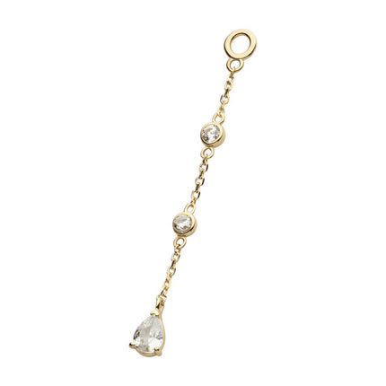 Invictus 14Kt Yellow Gold Round & Teardrop Shape CZ 3-Tier Dangle Charm with Chains