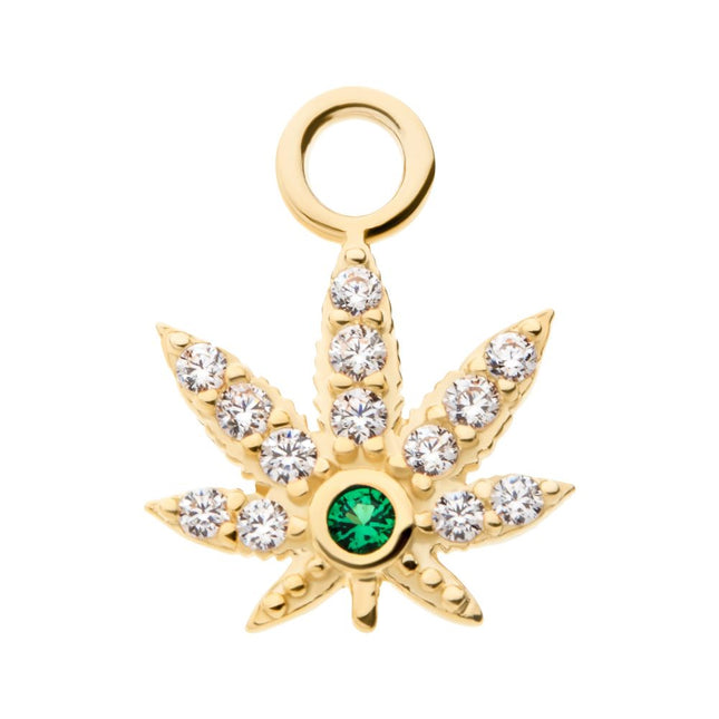 Invictus 14Kt Yellow Gold with Clear & Emerald CZ Pot Leaf Charm