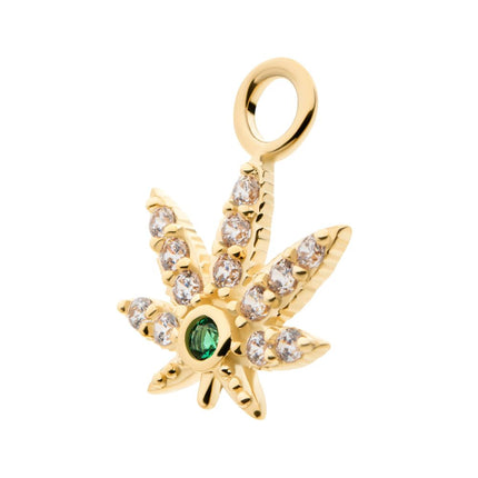 Invictus 14Kt Yellow Gold with Clear & Emerald CZ Pot Leaf Charm