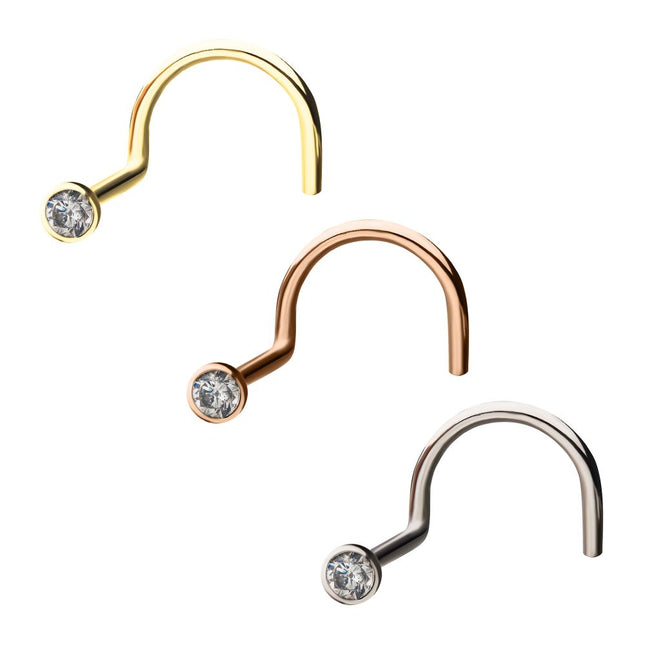 Invictus 14kt Gold Nose Screw with Bezel Set Clear CZ Gem Top