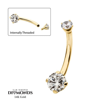 Invictus 14Kt Gold Internally Threaded Double Round 4-Prong Clear Lab-Grown Diamonds Fixed Bottom Navel