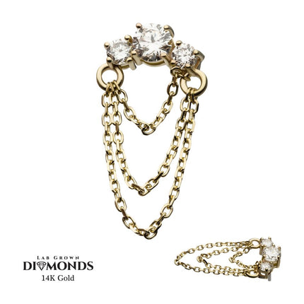 Invictus 14Kt Yellow Gold Threadless Prong Set 3 Cluster Round Lab-Grown Diamonds Top with Triple Dangle Chain