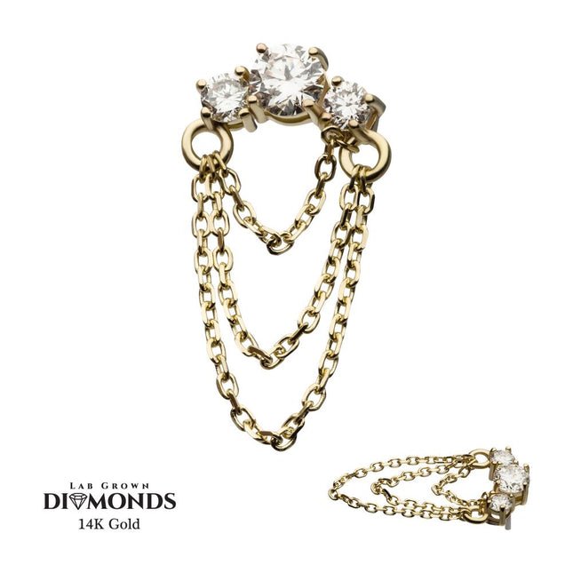Invictus 14Kt Yellow Gold Threadless Prong Set 3 Cluster Round Lab-Grown Diamonds Top with Triple Dangle Chain