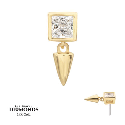 Invictus 14Kt Gold Threadless Bezel Princess Cut Lab-Grown Diamond Top with Spike Dangle