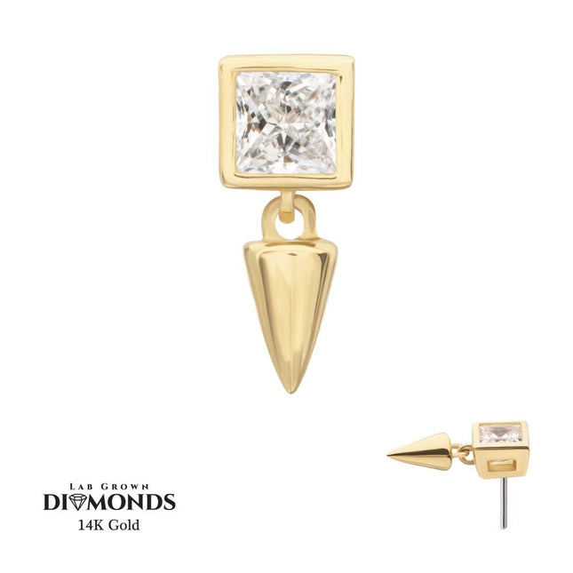 Invictus 14Kt Gold Threadless Bezel Princess Cut Lab-Grown Diamond Top with Spike Dangle