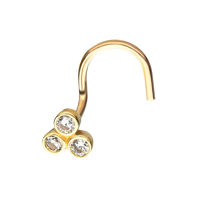 Invictus 14Kt Yellow Gold Bezel Round CZ Trinity Nose Screw
