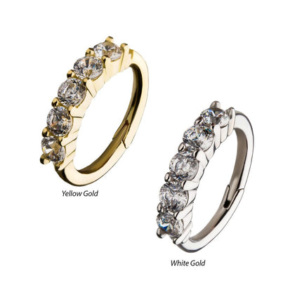 Invictus 14Kt Gold Prong Set 5-Clear CZ Gem on Top Hinged Segment Clicker