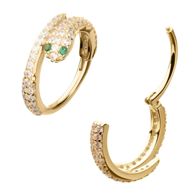Invictus 14Kt Yellow Gold Pave Gem with Emerald-Eye Snake Side Facing Hinged Segment Clicker