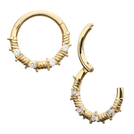 Invictus 14Kt Yellow Gold Barbed Wire Wrap with Prong Set Gem Front Facing Hinged Segment Clicker