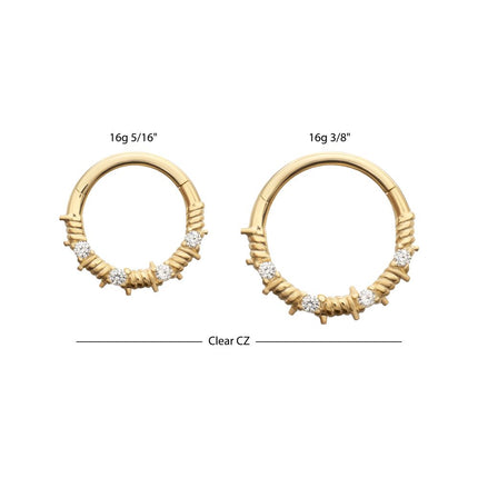 Invictus 14Kt Yellow Gold Barbed Wire Wrap with Prong Set Gem Front Facing Hinged Segment Clicker