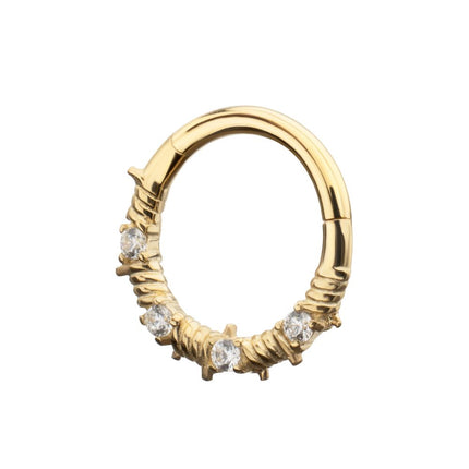 Invictus 14Kt Yellow Gold Barbed Wire Wrap with Prong Set Gem Front Facing Hinged Segment Clicker