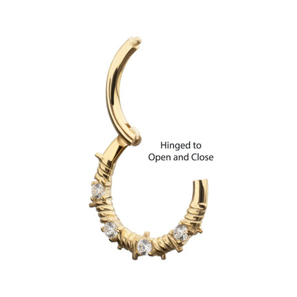 Invictus 14Kt Yellow Gold Barbed Wire Wrap with Prong Set Gem Front Facing Hinged Segment Clicker
