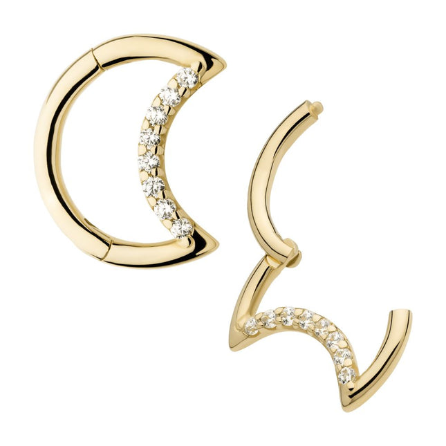 Invictus 14Kt Yellow Gold Prong Set 8 Round CZ Cluster Crescent Moon Shape Front Facing Hinged Segment Clicker