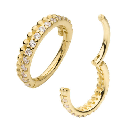 Invictus 14Kt Yellow Gold Double Row Beads & Prong Set Round CZ Cluster Hinged Segment Clicker